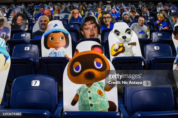 Cutout photos of characters from the game Animal Crossing are on display before the game between the Detroit Lions and the Tampa Bay Buccaneers at...