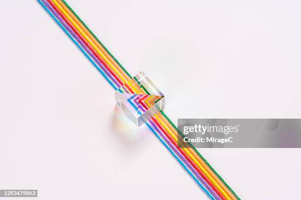cube prism refracting rainbow colored string - thread isolated stock pictures, royalty-free photos & images