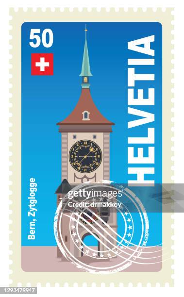 helvetia stamp, zytglogge clock tower - bern clock tower stock illustrations