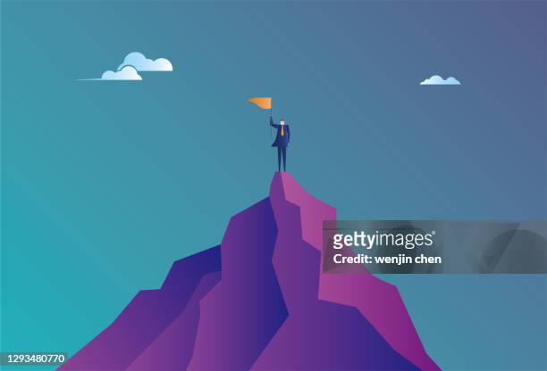 ilustraciones, imágenes clip art, dibujos animados e iconos de stock de hombre de negocios subió a la cima de la montaña y completó la meta - mountain peak