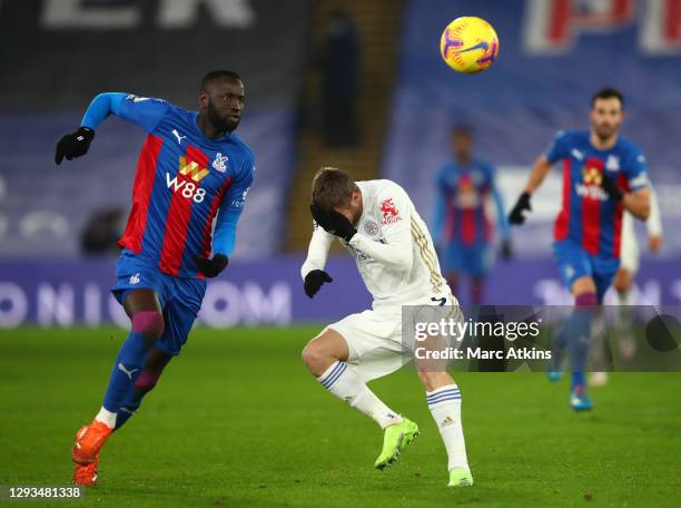 Jamie Vardy of Leicester City reacts after a challenge from Cheikhou Kouyate of Crystal Palace during the Premier League match between Crystal Palace...