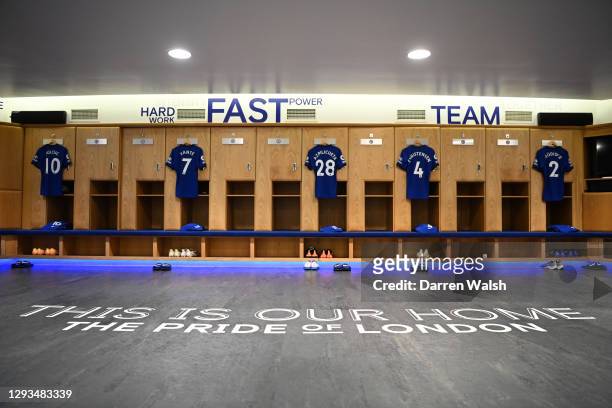The kits of Christian Pulisic, N'Golo Kante, Cesar Azpilicueta, Andreas Christensen and Antonio Rudiger of Chelsea are displayed inside the Chelsea...