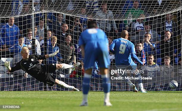 Marlon King of Birmingham City scores the first goal from a penalty as Kasper Schmeichel of Leicester City dives the wrong way during the npower...