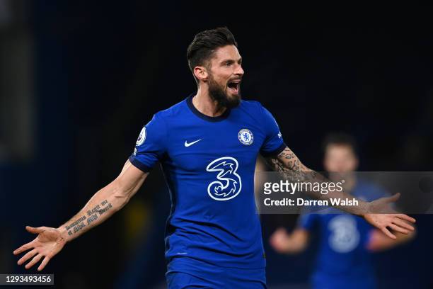 Olivier Giroud of Chelsea celebrates after scoring their sides first goal during the Premier League match between Chelsea and Aston Villa at Stamford...