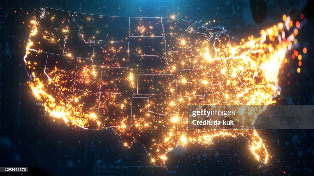 Night Map of USA with City Lights Illumination