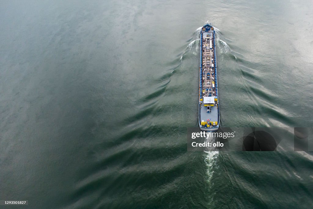 Industrial ship on river - aerial view