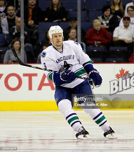 Sami Salo of the Vancouver Canucks skates against the Columbus Blue Jackets during the game at Nationwide Arena on October 10, 2011 in Columbus,...