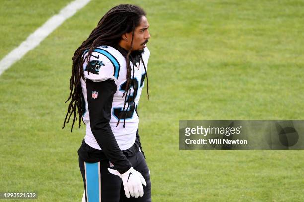 Tre Boston of the Carolina Panthers looks on prior to the game against the Washington Football Team at FedExField on December 27, 2020 in Landover,...