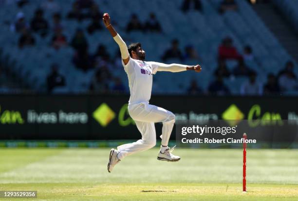 Jasprit Bumrah of India bowls during day four of the Second Test match between Australia and India at Melbourne Cricket Ground on December 29, 2020...