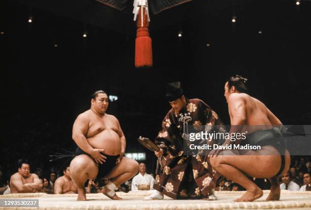 Kitanoumi Toshimitsu competes against Wakashimazu Mutsuo during the 1983 Kyushu Basho sumo wrestling tournament held in November 1983 at the Fukuoka...
