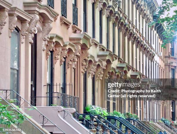 distinctive brownstone residential architecture - fort greene, brooklyn, nyc - brooklyn brownstone stock pictures, royalty-free photos & images