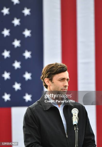 Georgia Democratic Senate candidate Jon Ossoff speaks onstage during "Vote GA Blue" concert on December 28, 2020 in Stonecrest, Georgia.