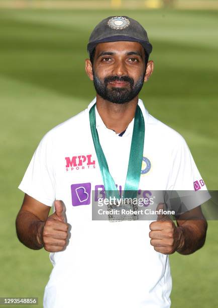 Ajinkya Rahane of India poses with the man of the match award after India defeated Australia during day four of the Second Test match between...