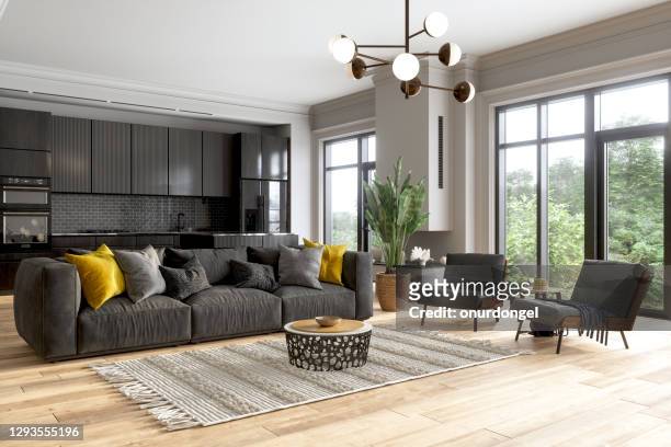 interior da sala de estar moderna com sofá de cor preta, poltronas, planta em vasos e cozinha plano aberto. - big tom - fotografias e filmes do acervo
