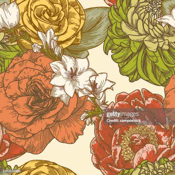 ilustraciones, imágenes clip art, dibujos animados e iconos de stock de super 1970s retro seamless floral pattern - rose flower