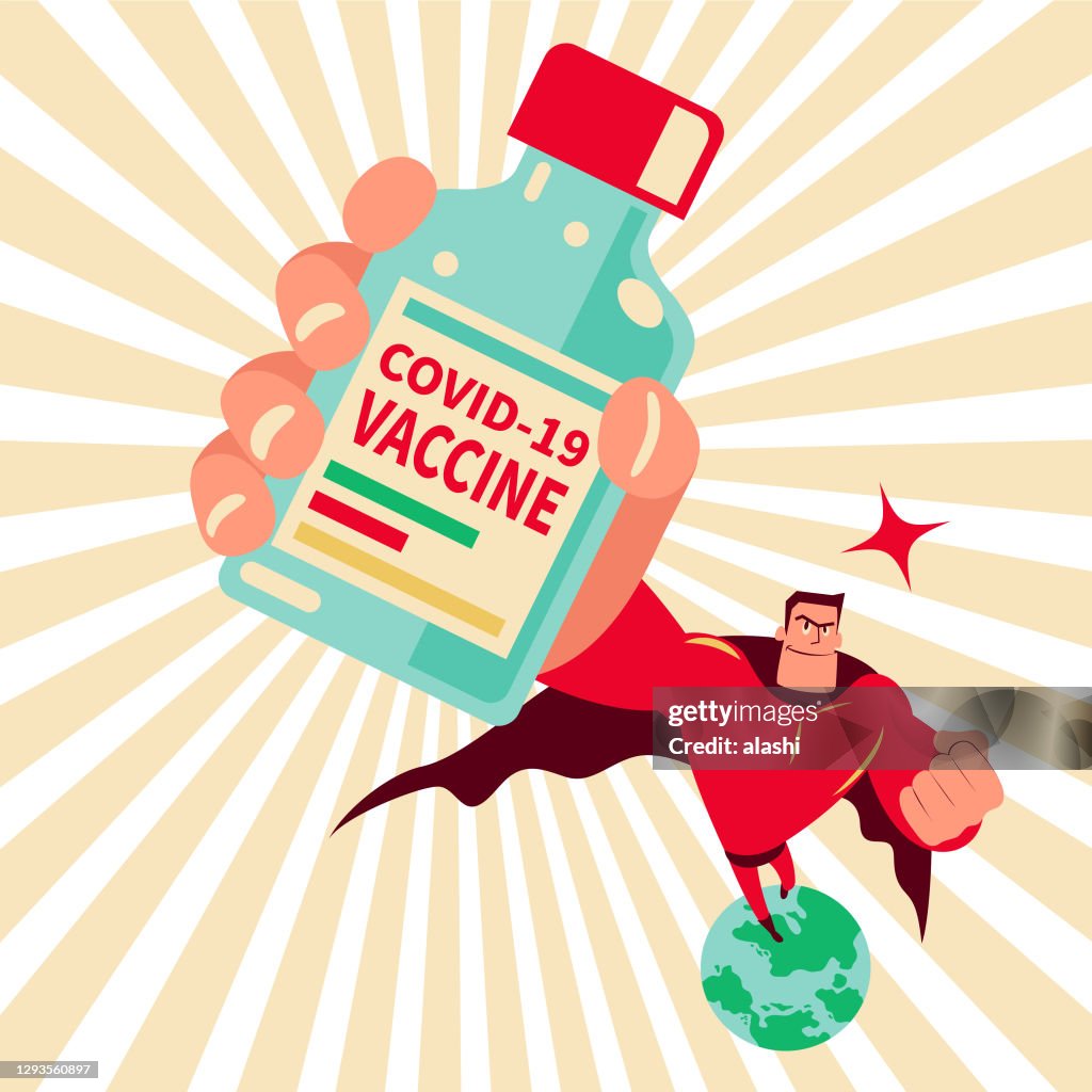 Superheld (Superman) mit einer über der Erde fliegenden Impfstoffflasche zum Schutz vor Coronavirus-Erkrankungen (COVID-19) und 100 Prozent Antikörper gegen Coronavirus