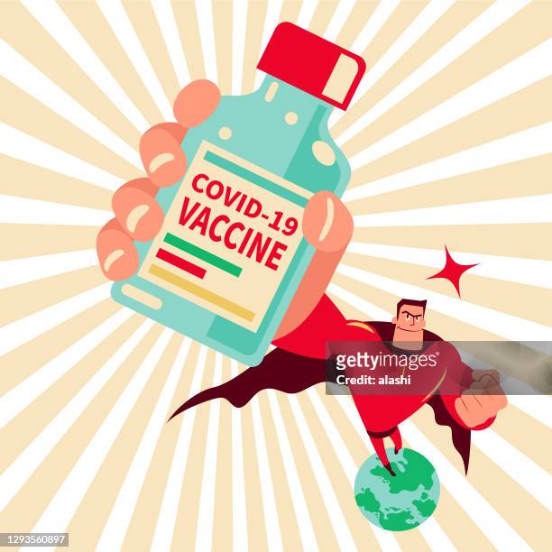 superheld (superman) mit einer über der erde fliegenden impfstoffflasche zum schutz vor coronavirus-erkrankungen (covid-19) und 100 prozent antikörper gegen coronavirus - achievement stock-grafiken, -clipart, -cartoons und -symbole
