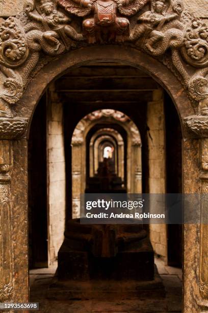 inside view of the small shiva temples with lingums visible in a line in the pandra shivalaya at pashupatinath hindu cremation temple, kathmandu, nepal - pashupatinath stock-fotos und bilder