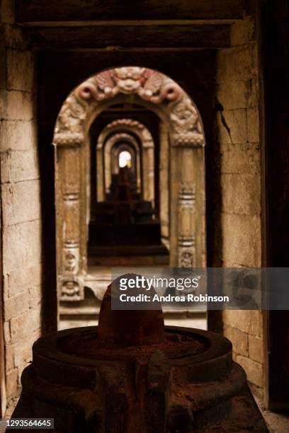 inside view of the small shiva temples with lingums visible in a line in the pandra shivalaya at pashupatinath hindu cremation temple, kathmandu, nepal - pashupatinath stock pictures, royalty-free photos & images