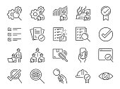 Inspection line icon set. Included the icons as inspect, QA, qualify, quality control, check, verify, and more.