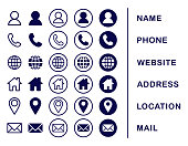 Company Connection business card icon set. Phone, name, website, address, location and mail logo symbol sign pack. Vector illustration image. Isolated on white background. Contact design template.