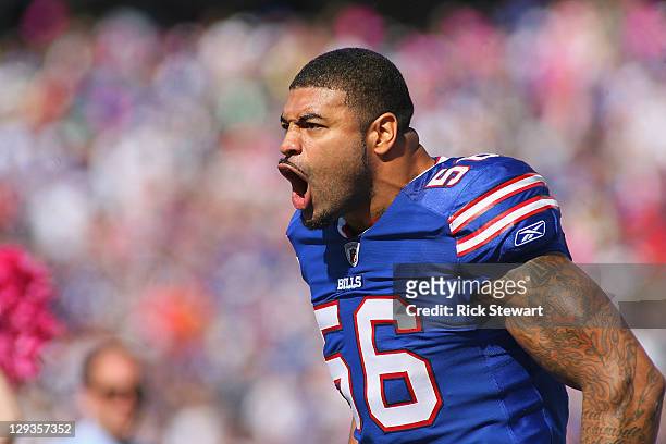 Shawne Merriman of the Buffalo Bills reacts as he walks on the field against the Philadelphia Eagles at Ralph Wilson Stadium on October 9, 2011 in...