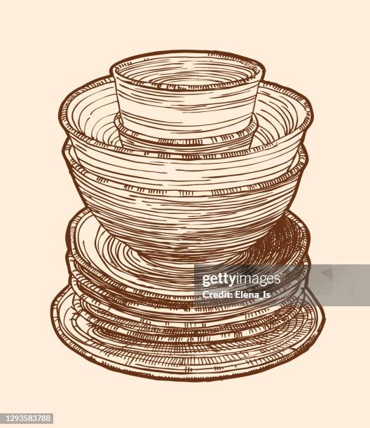 ink, pen. sketch stack of plates, vector illustration - empty bowl stock illustrations
