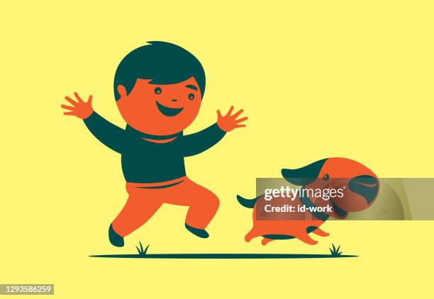 junge joggen mit hund - boy running with dog stock-grafiken, -clipart, -cartoons und -symbole