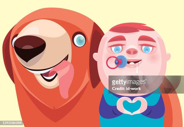 baby gesturing heart shape with dog - saliva bodily fluid stock illustrations