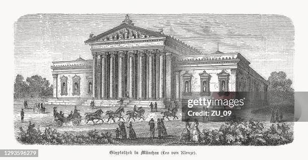 glyptothek, museum in munich, bavaria, germany, wood engraving, published 1893 - leo von klenze stock illustrations