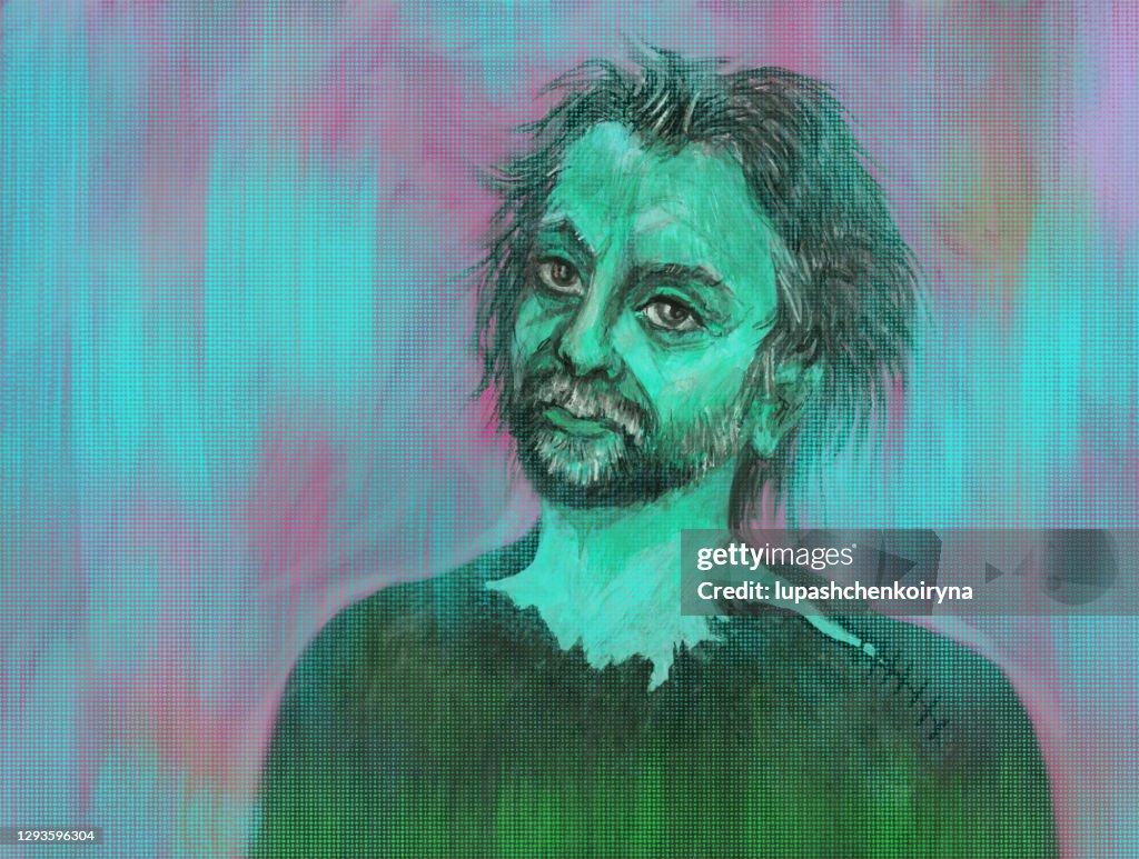 Illustration oil painting portrait of a man with long dark hair and a beard on an abstract background in redish blue colors