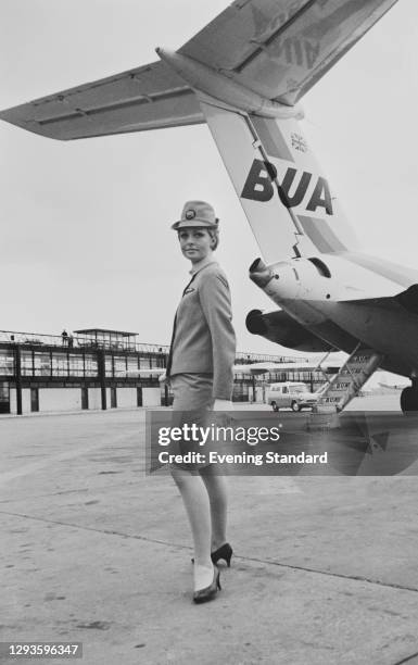 An 'air hostess' for BUA, British United Airways, UK, October 1967.