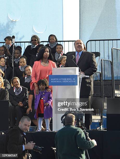 Eldest Son of MLK The Honorable Martin Luther King, the third with family speaks at the Martin Luther King, Jr. Memorial dedication at the Main Stage...