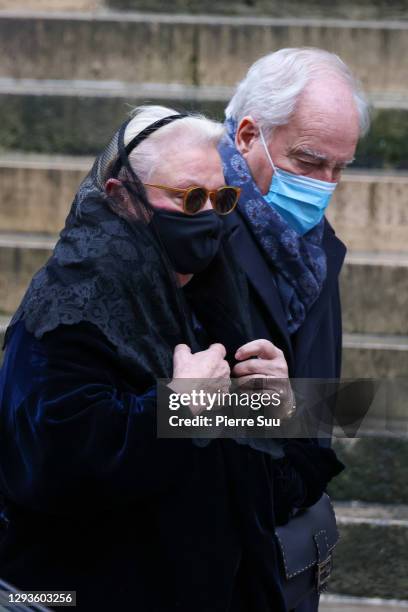 Michele Cambon-Brasseur and a guest attend Claude Brasseur's funeral at Saint Roch Church on December 29, 2020 in Paris, France.