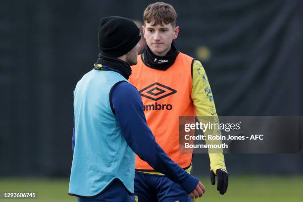 David Brooks of Bournemouth with free agent Jack Wilshere, whose training with Bournemouth, this week at the Vitality Stadium on December 29, 2020 in...