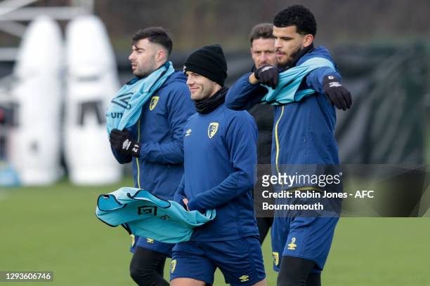 Diego Rico and Dominic Solanke of Bournemouth with free agent Jack Wilshere, whose training with Bournemouth, this week at the Vitality Stadium on...