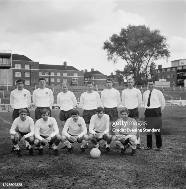 The England football team ahead of the Euro qualifying match against Spain, UK, 8th May 1968. From left to right Norman Hunter, Brian Labone, Bobby...