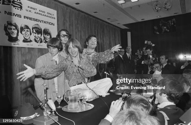 American rock and pop band The Monkees hold a press conference at the Royal Garden Hotel in London, to publicise their upcoming UK concerts, 29th...