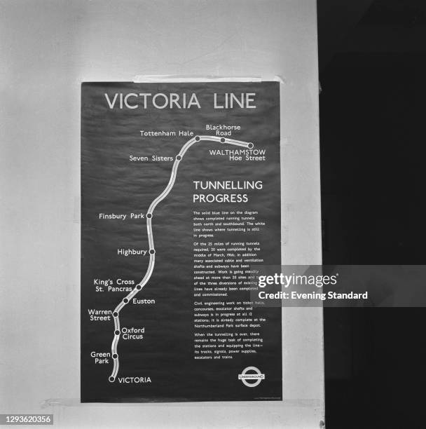 Map of the tunnelling work still under way on the Victoria Line of the London Underground, UK, 1966.