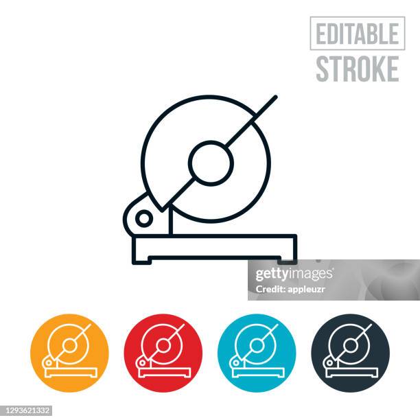 chop saw thin line icon - editable stroke - using circular saw stock illustrations