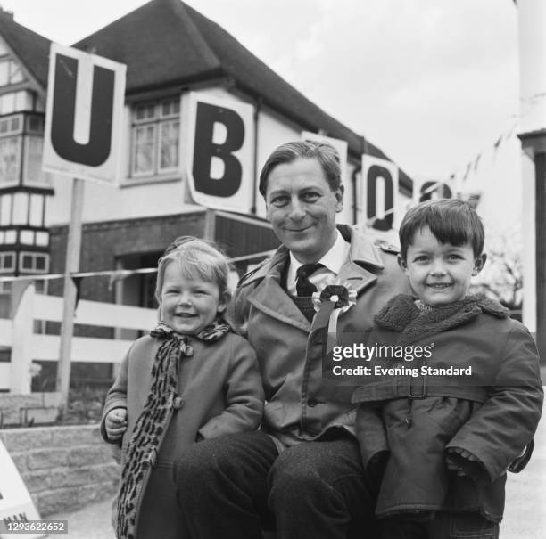 English politician Eric Lubbock , the Liberal MP for Orpington, campaigning during the 1966 General Election with young constituents Jacqueline and...