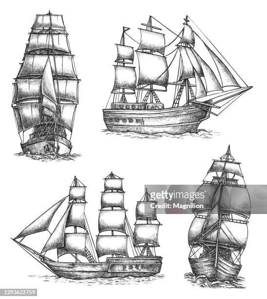ilustrações, clipart, desenhos animados e ícones de old sailing ships doodles set - galleon