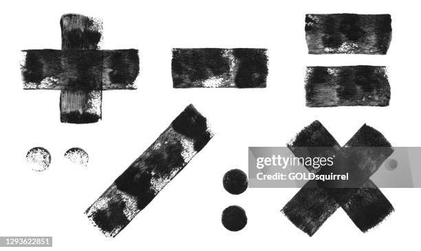 ilustrações de stock, clip art, desenhos animados e ícones de set of mathematical signs - abstract hand painted vector illustration made by wall roller and black paint - single object isolated on white paper background with fantastic original texture effect full of imperfections - sinal de subtracção