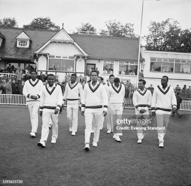 The West Indies cricket team prior to their tour match against Worcestershire at New Road in Worcester, 4th May 1966. From left to right, Rawle...