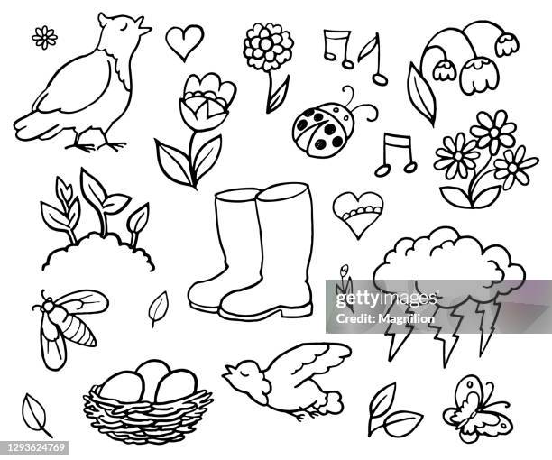 frühling doodles set - nest stock-grafiken, -clipart, -cartoons und -symbole