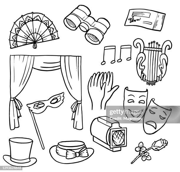 theater doodle set - theatermaske stock-grafiken, -clipart, -cartoons und -symbole