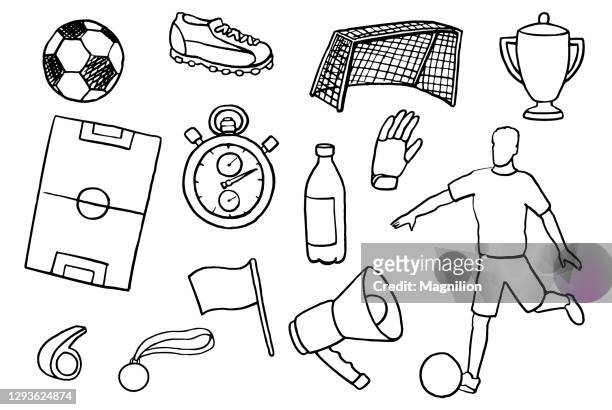 ilustraciones, imágenes clip art, dibujos animados e iconos de stock de conjunto de doodles de fútbol - gol