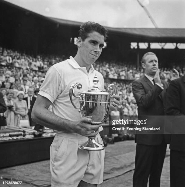 Spanish tennis player Manuel Santana wins the final of the Men's Singles at the Wimbledon championships in London, UK, 1st July 1966.