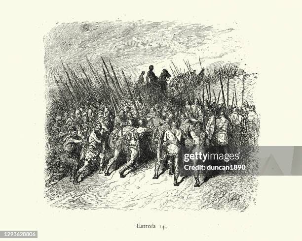 medieval army marching behind a knight - soldiers marching stock illustrations