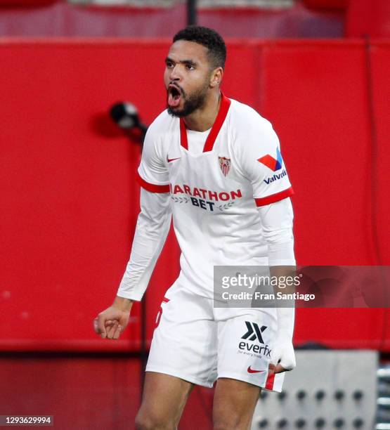 Yousseff En-Nesyri of Sevilla celebrates after scoring the second goal during the La Liga Santander match between Sevilla FC and Villarreal CF at...